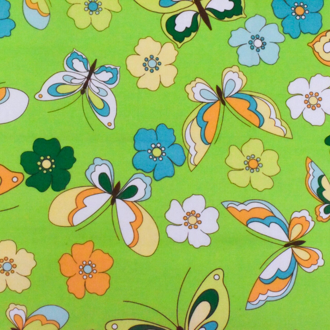 Green-Multi Floral Butterfly Print Stretch Cotton Poplin Fabric By the Yard